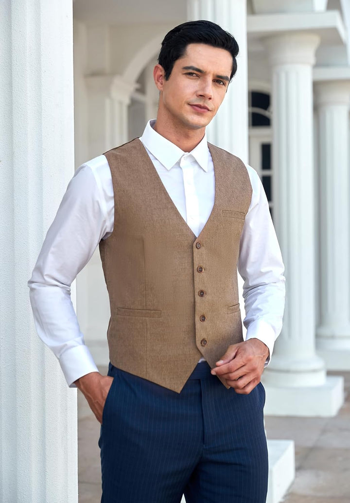 HISDERN Herren Anzugweste Formale Hochzeit Klassische Retro Baumwolle V-Ausschnitt Einfarbige Elegan