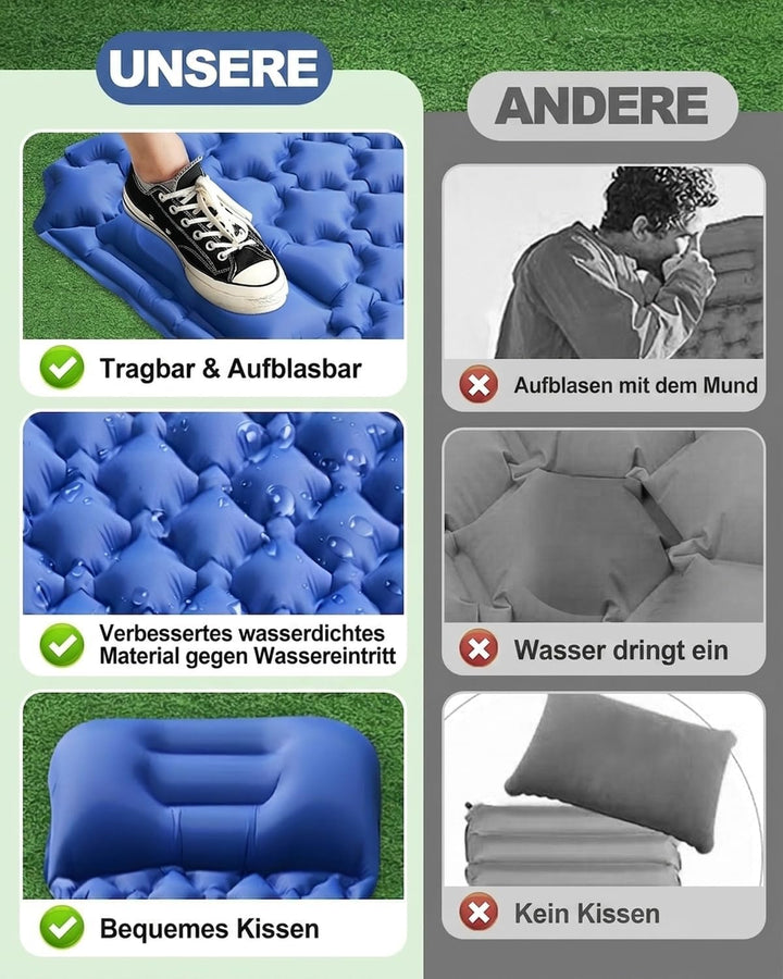 Isomatte Camping, Ultraleicht Camping Luftmatratze mit Fusspumpe & Kissen, Kompakte Wasserdicht Aufb
