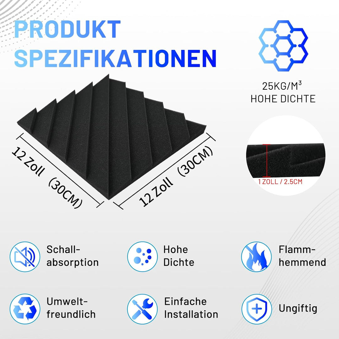 24 Stück Akustikschaumstoff Schalldämmung, 2.5 X 30 X 30CM Achallschutzplatten Akustikpaneele, Schal