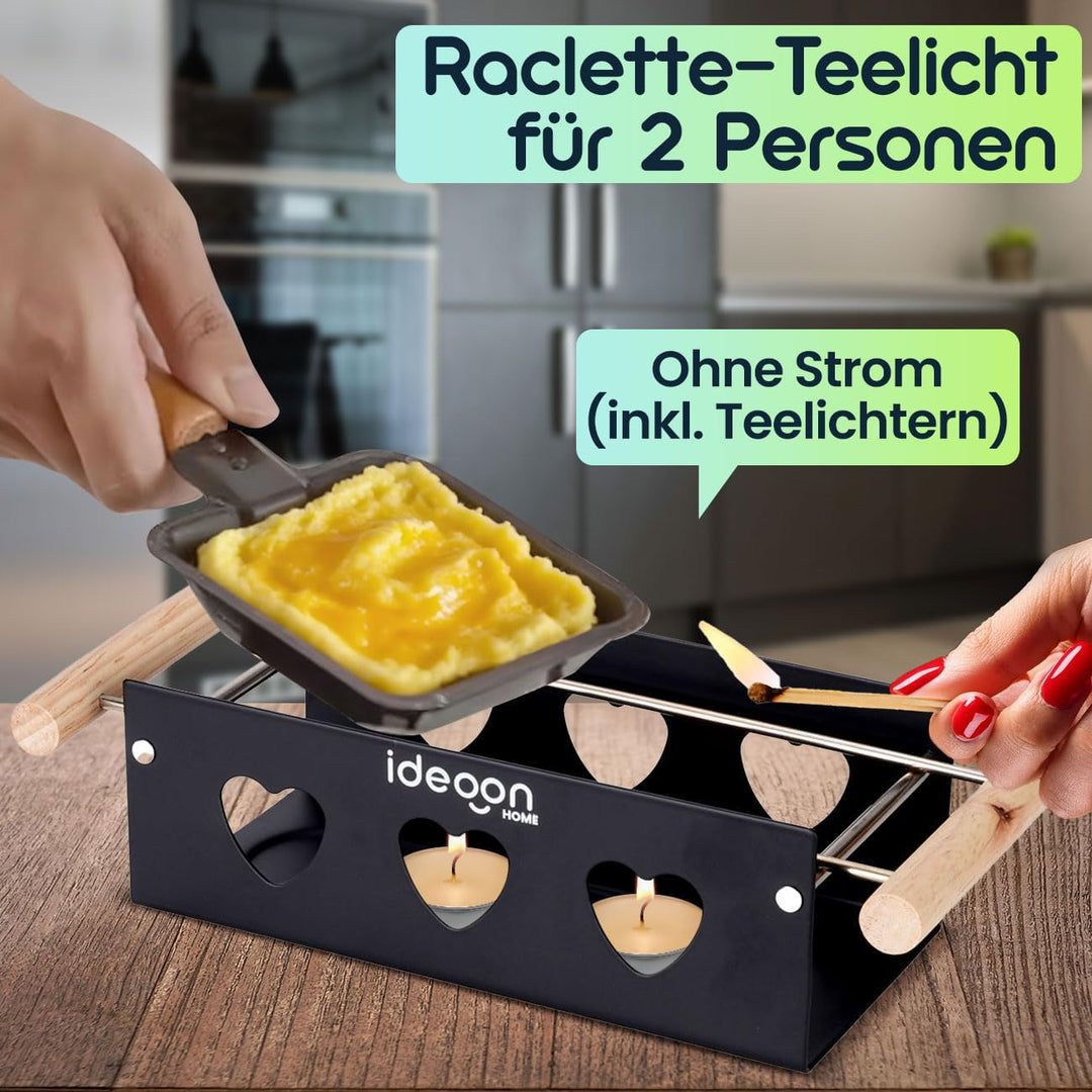 ideoon 3er-Set Raclette-Teelicht für 2 Personen, Raclette Set ohne Strom inkl. Teelichtern und Schab