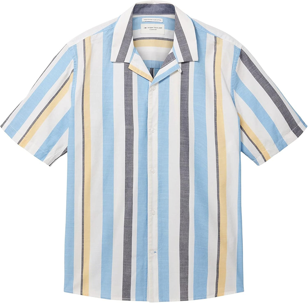 TOM TAILOR Herren Comfort Fit Kurzarm-Hemd mit Streifen L 31778 - Blue Multicolor Big Stripe, L 3177