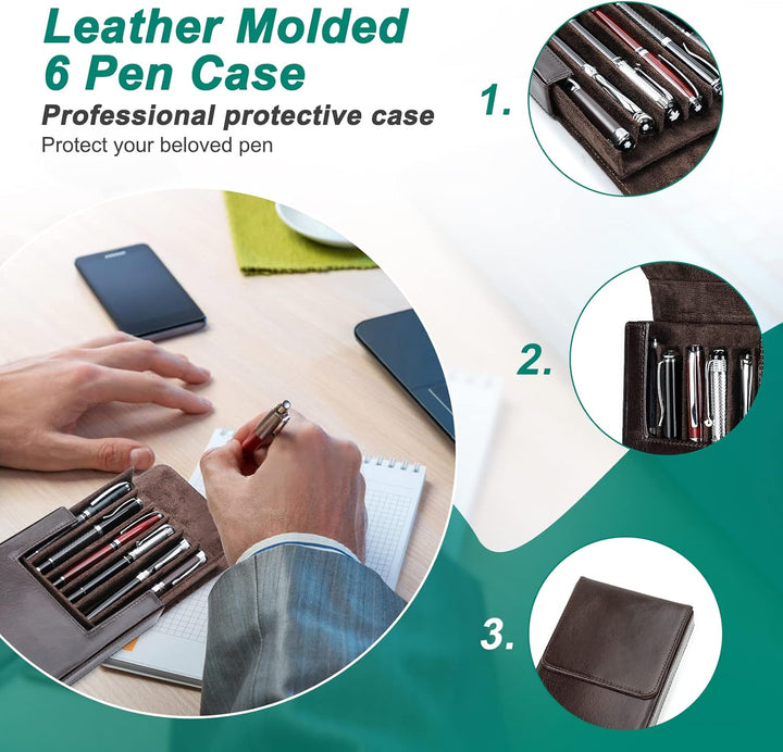 Hiram Leder-Füllfederhalter-Etui für 6 Stifte, Tragbare Aufbewahrungsbox für Stifte aus Pflanzlich G
