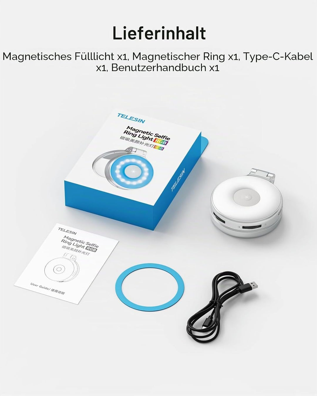 TELESIN 4-in-1 Magnetisches RGB Selfie-Ringlicht mit Spiegel & Handyhalter | 2500–7000K LED Licht, 3