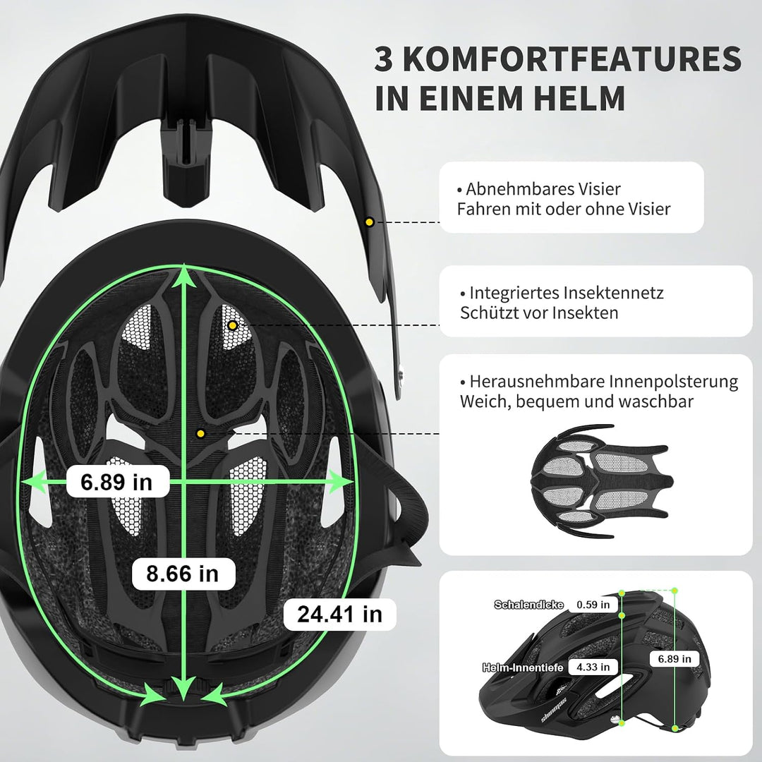 Shinmax Fahrradhelm für Herren Damen, Fahrrad Helm mit Beweglich Visier Schwarz M(54-58CM), Schwarz