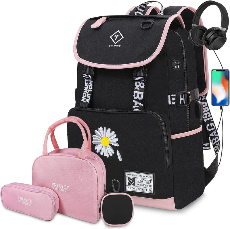 Schulrucksack Mädchen Teenager Schulranzen, Schultaschen-Set 4-in-1 mit Lunch Taschen Federmäppchen