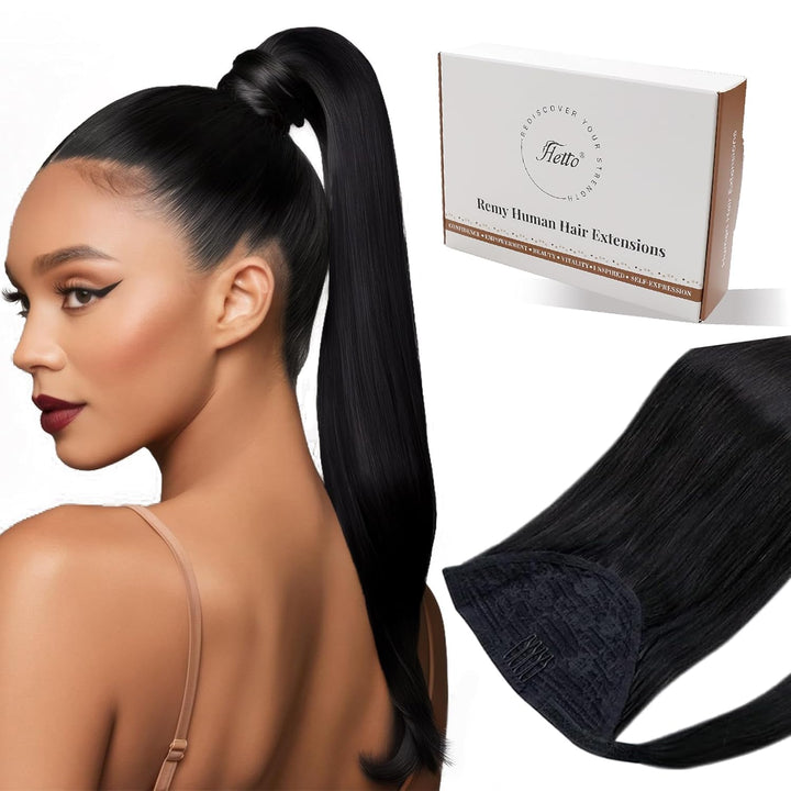 Hetto Ponytail Extension Echthaar Schwarz Zopf Extension Echthaar mit Clip Natürliches Schwarz Gerad