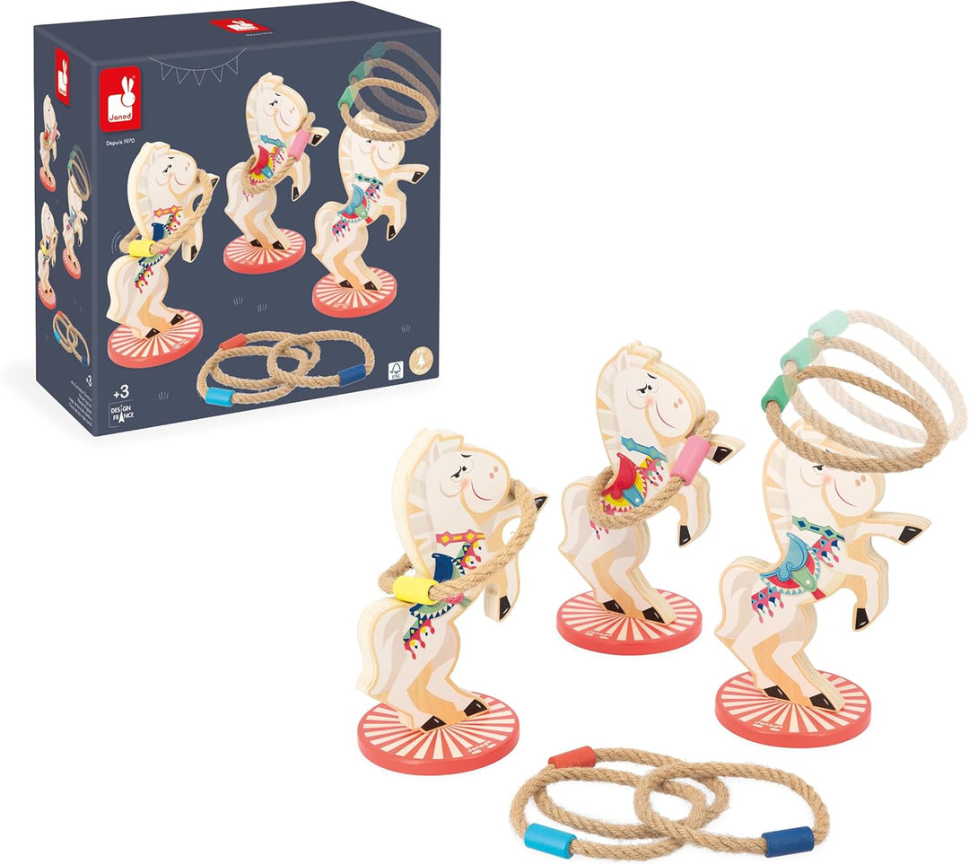 Janod - Pferde-Ringwurfspiel Applepop - Geschicklichkeitsspiel für Kinder - 3 Pferde + 6 Ringe - För