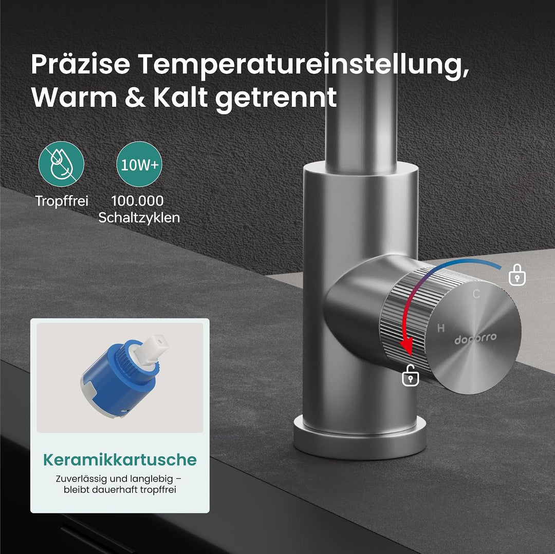 Mai &amp; Mai Küchenarmatur mit ausziehbarer Brause, Silber | Wasserhahn Küche 360°Schwenkbar, 3 Wassers
