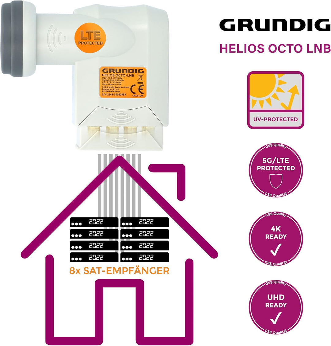 [ Test SEHR GUT, Note 1.2 *] GSS Helios Octo LNB mit LTE Abschirmung &amp; Sun Protect UV Schutz, Digita