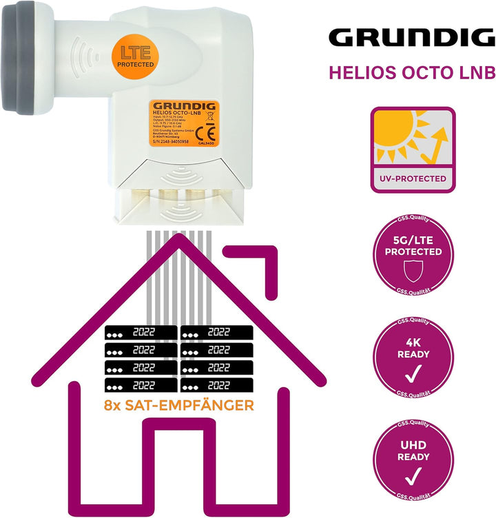 [ Test SEHR GUT, Note 1.2 *] GSS Helios Octo LNB mit LTE Abschirmung &amp; Sun Protect UV Schutz, Digita