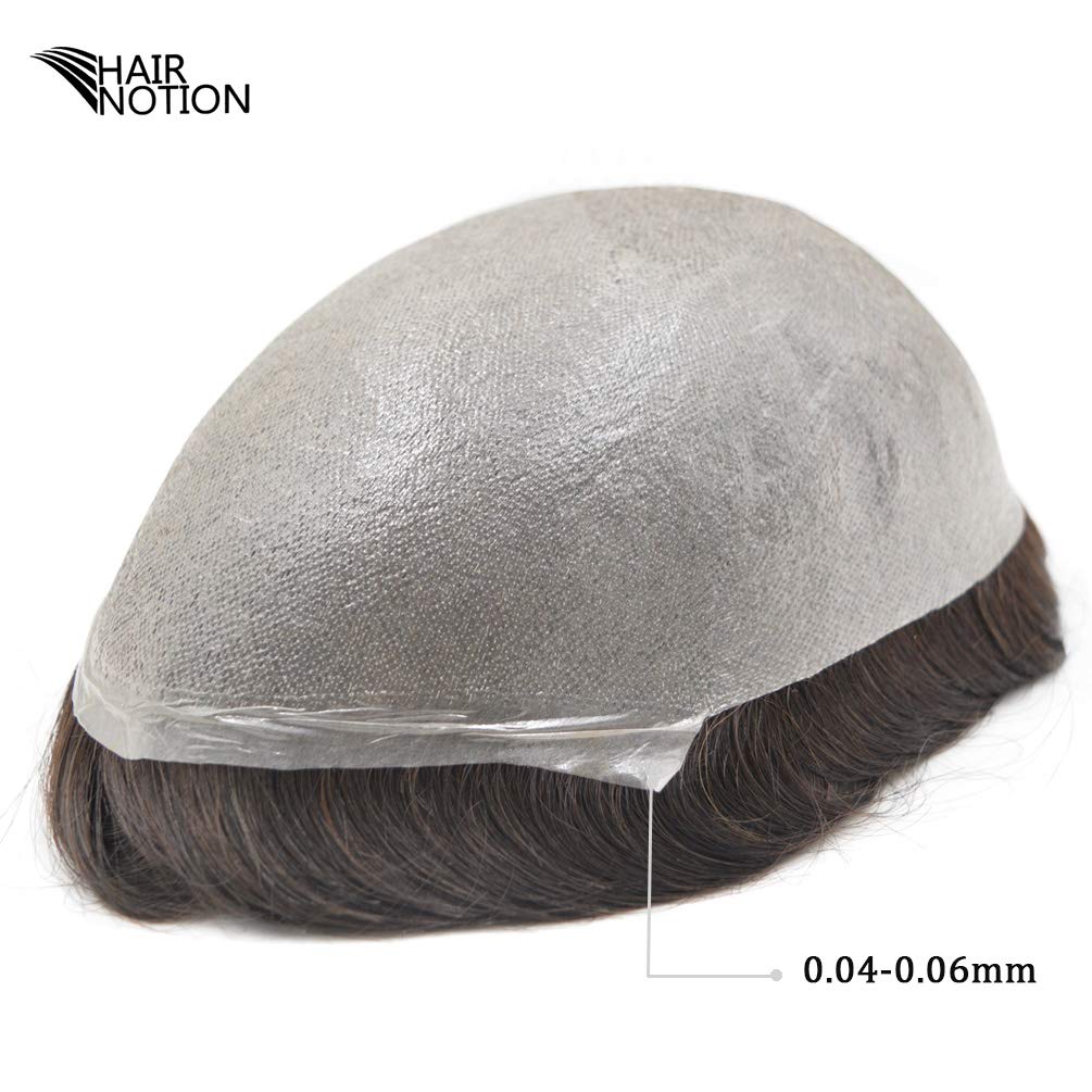 Hairnotion Maenner Haarteil Toupet Super dünne Haut Schwarz 1# Echthaar Perücke für Männer, 1#