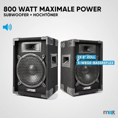 MAX MAX8 - Passives PA Lautsprecher Set, 400 Watt mit 8 Zoll Tieftöner, Partybox mit Griffe, Passive