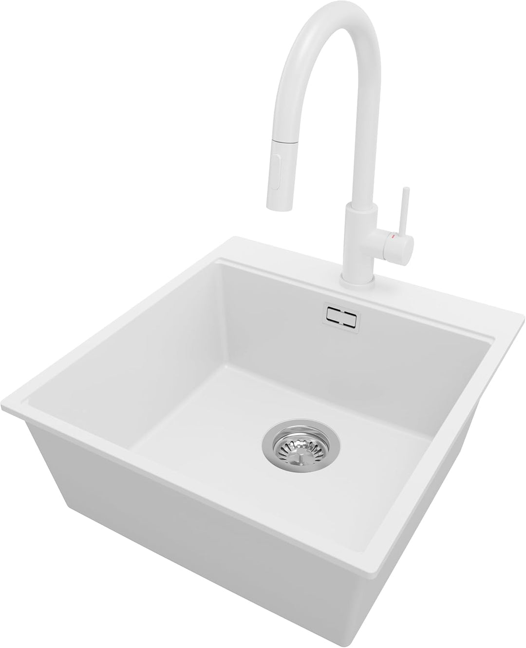 PRIMAGRAN Granitspüle Weiss 48x50cm, Spülbecken 1 Becken + Ablauf-Set + Küchenarmatur 40x22cm, Küche
