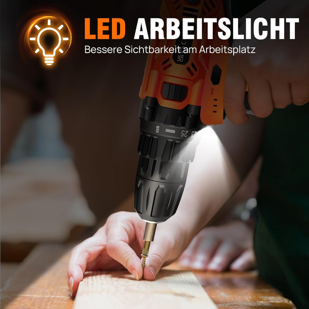 21V Akkuschrauber Set, 45NM Max Akku bohrschrauber mit 2x2000mAh Akkus und Ladegerät, 25+1 Drehmomen