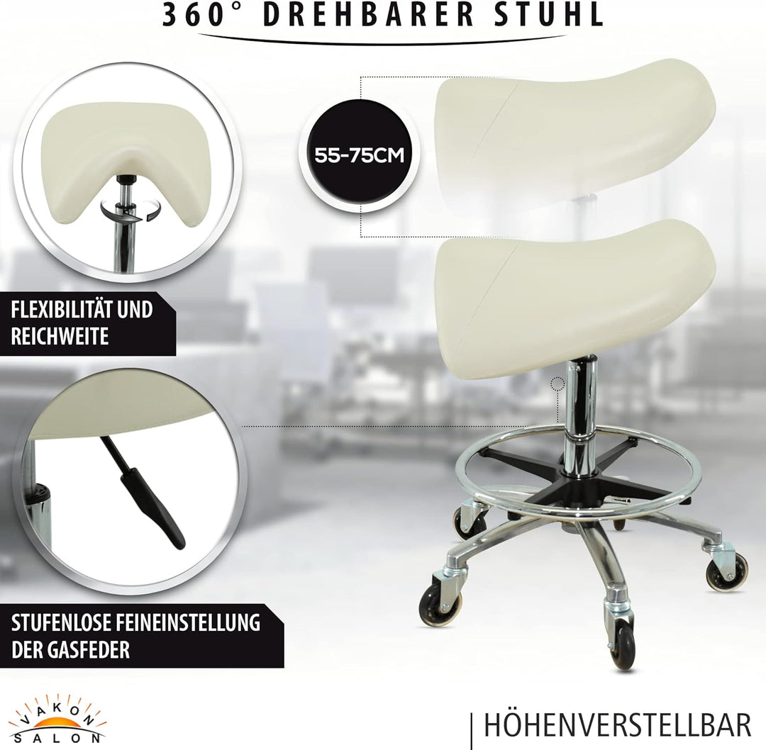 Premium Sattelhocker Weiss, Sattelstuhl für Rückenentlastung, Rollhocker höhenverstellbar von 55-75