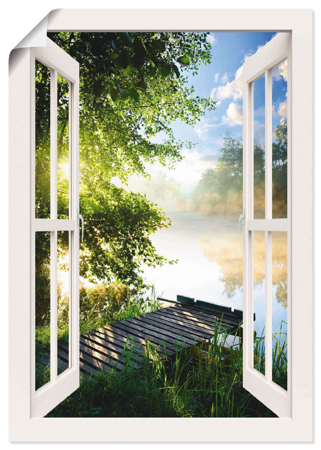 ARTland Poster Bild ohne Rahmen Wandposter 70x100 cm Fensterblick Fenster Landschaft Wald Natur See