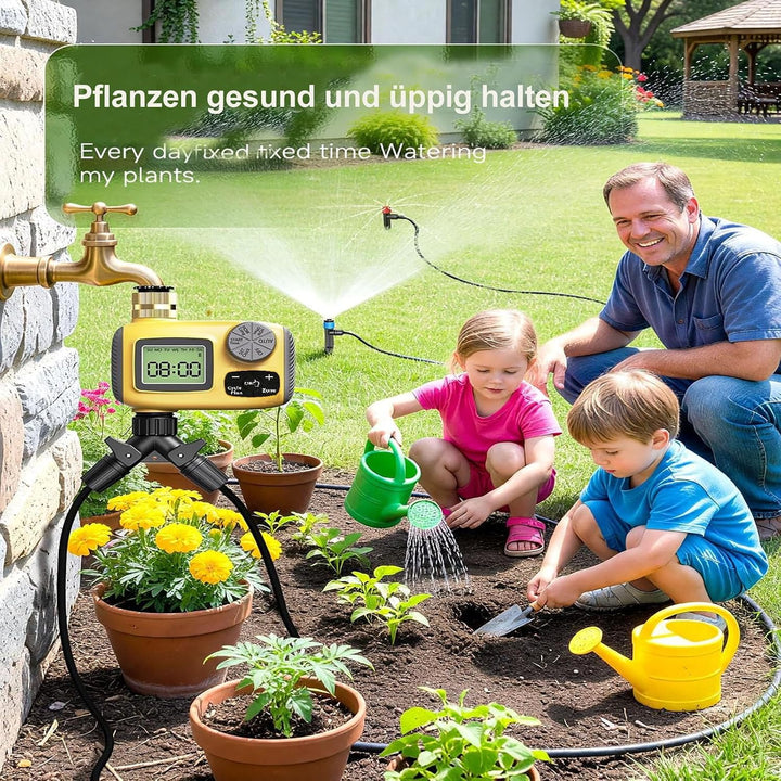 MQUPIN Bewässerungscomputer 2 Ausgänge, Messinganschlüsse | LCD Wasser Zeitschaltuhr IP55 mit Regenv