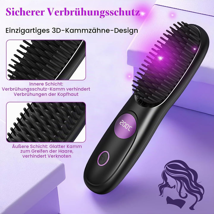 Tragbarer Stylingbürste, Stylingbürste für Kurze Haare, Glättbürste Kabellos mit 3 Temperaturen Vers
