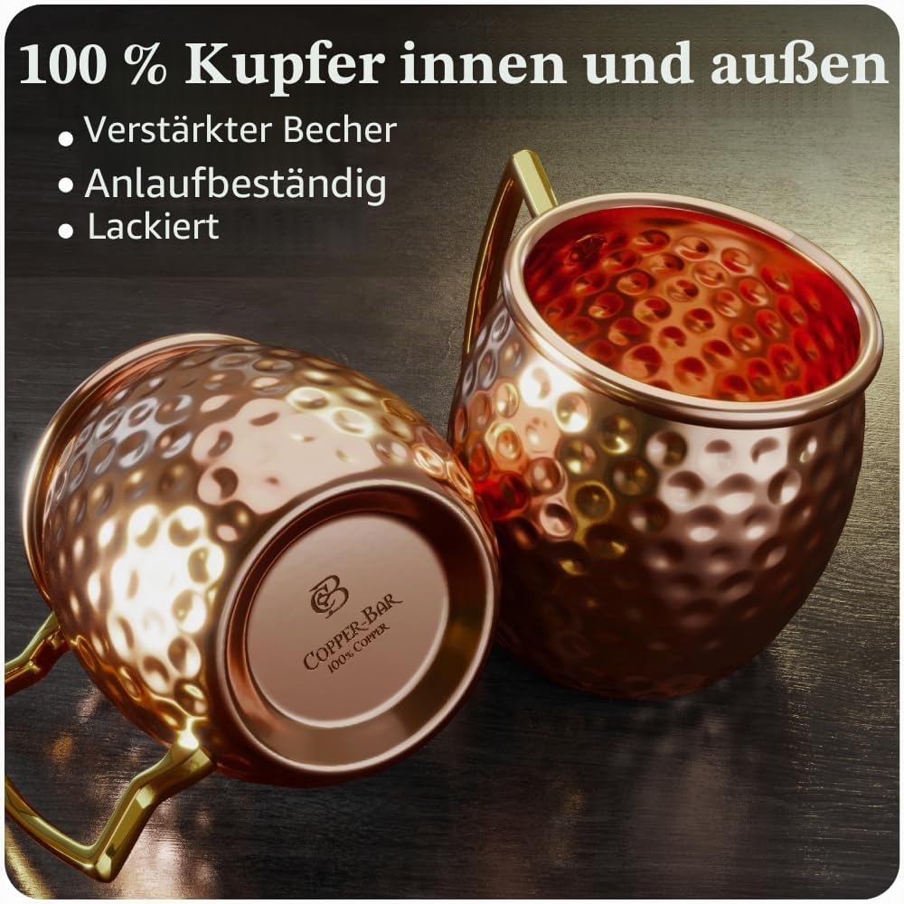 Copper-Bar Moscow Mule Kupferbecher | 4er-Set gehämmerter Becher | 100% HANDGEFERTIGT aus reinem Kup