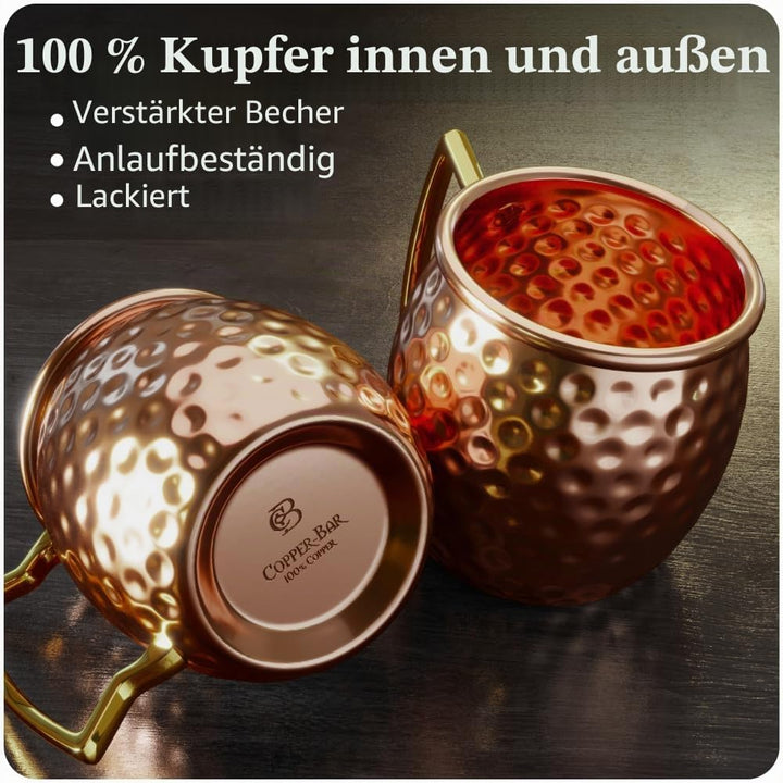 Copper-Bar Moscow Mule Kupferbecher | 4er-Set gehämmerter Becher | 100% HANDGEFERTIGT aus reinem Kup
