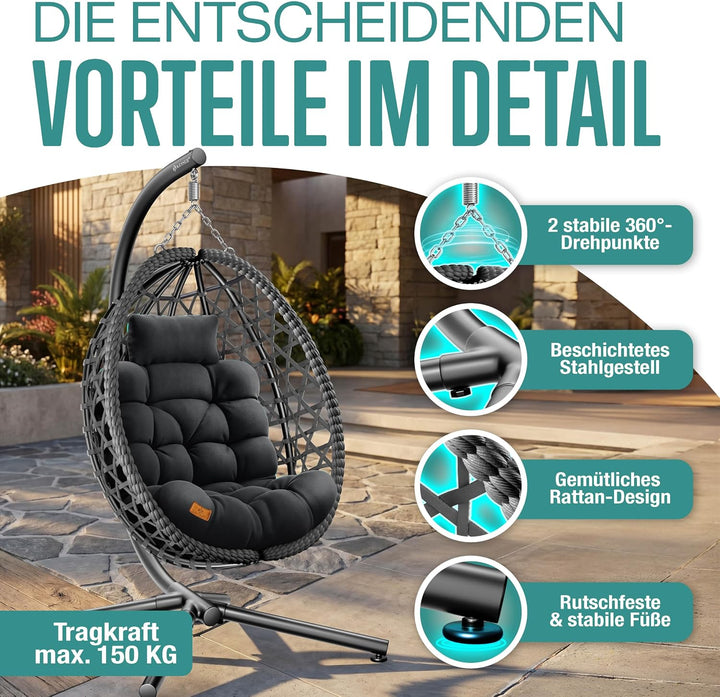 KESSER® Hängesessel mit Gestell Outdoor Indoor Schaukelstuhl Polyrattan 360° 150kg Tragkraft inkl. P