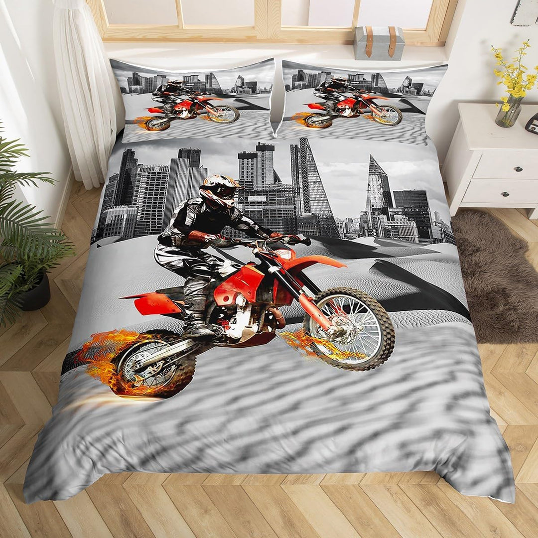 Motorrad 3D Print Betten Set Grau Stadt Moto-Cross Bettwäsche Set Microfaser Himmlische Qualität (12