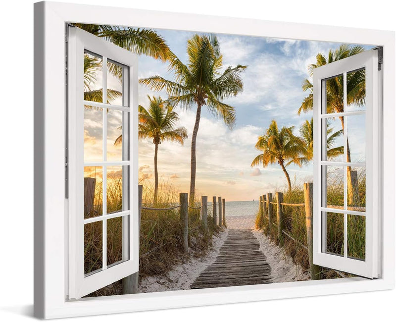 PICANOVA – Bild auf Leinwand Palmenweg zum Meer Fenster 60x40cm – Leinwandbild – Premium Leinwanddru