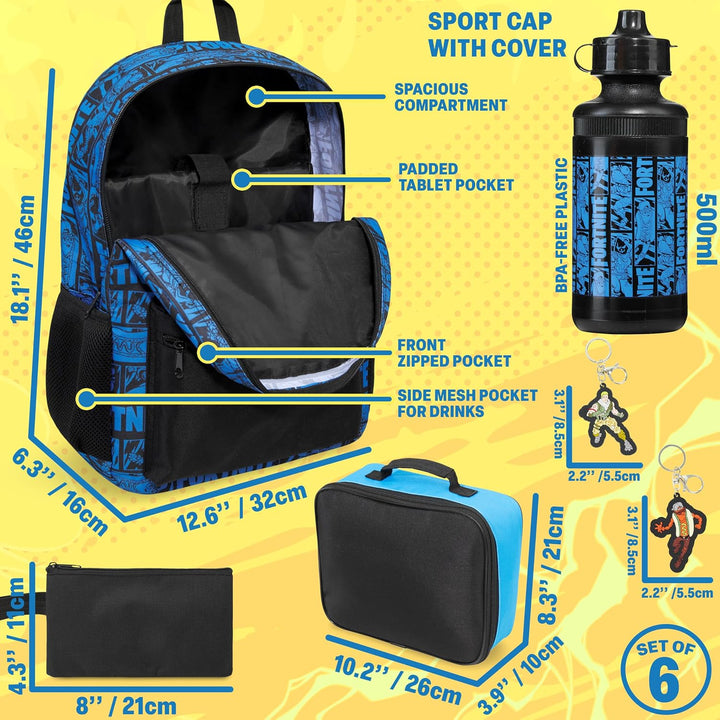 Get Trend Fortnite Rucksack Kinder 6er Set, Grosser Kinderrucksack 46cm mit Federmäppchen, Isolierte