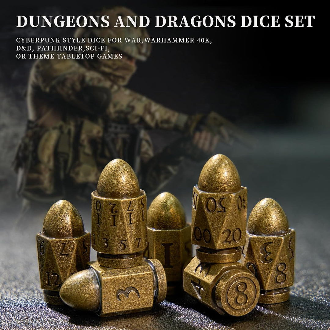 D&D Würfel Set 7 Stück aus Metall, Polyedrische Würfel in Bullet Bronze, für D&D, Rollenspiel Würfel