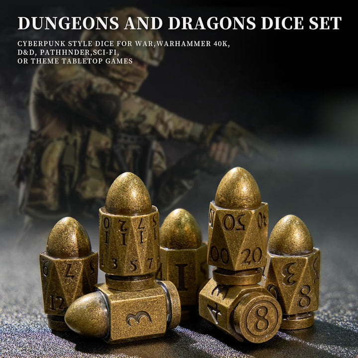 D&D Würfel Set 7 Stück aus Metall, Polyedrische Würfel in Bullet Bronze, für D&D, Rollenspiel Würfel