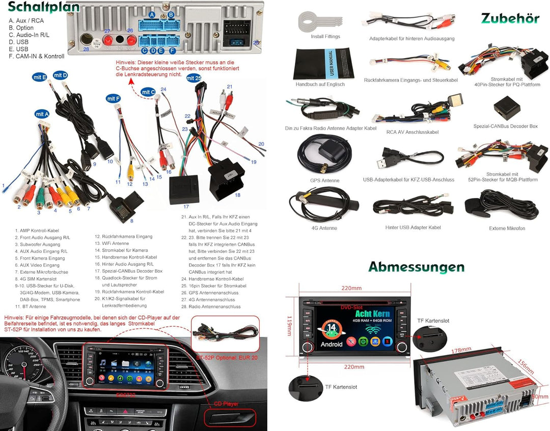 Erisin Android 14 Acht-Kern 4GB+64GB DAB+ Autoradio Für SEAT LEON (2013-2018) mit GPS Navigation Unt