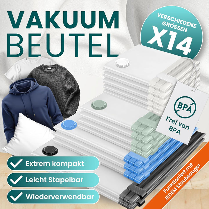 myHodo Vakuumbeutel 14er Set, 2 XXL (80x100cm), 3 XL (60x100cm), 4 XL (60x80cm), 5 L (50x60cm) – Pla