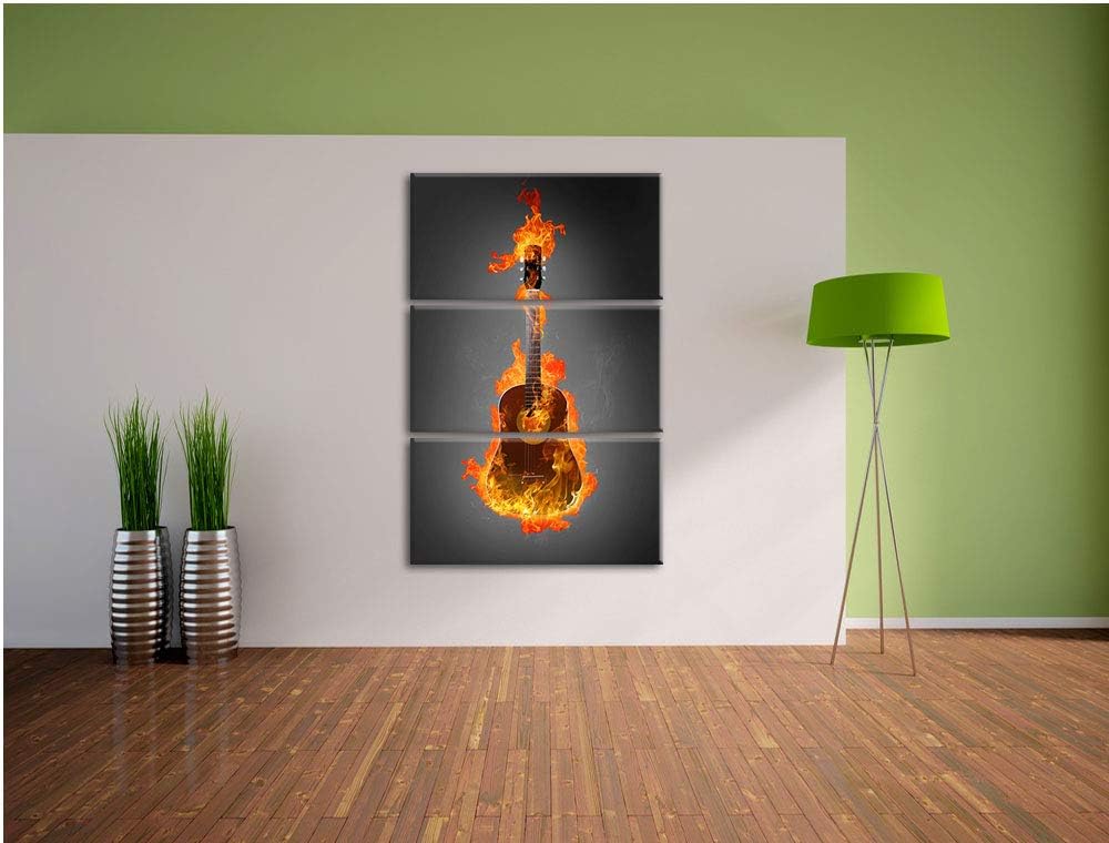 Pixxprint Brennende Gitarre Heisse Flammen als Leinwandbild | Grösse: 3 Teilig (120x80) | Wandbild|