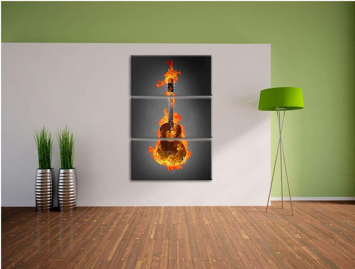 Pixxprint Brennende Gitarre Heisse Flammen als Leinwandbild | Grösse: 3 Teilig (120x80) | Wandbild|
