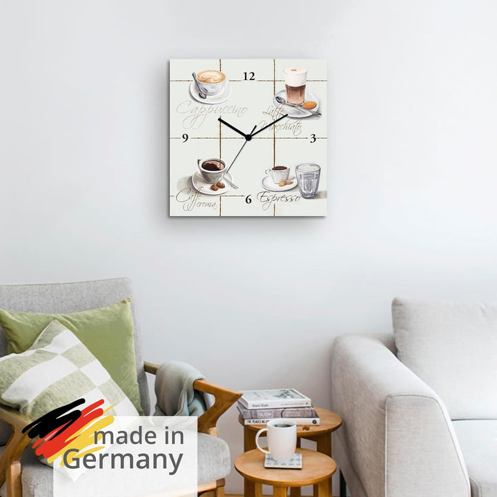 ARTLAND Wanduhr ohne Tickgeräusche Leinwand Quarzuhr 30x30 cm Quadratisch Lautlos Cappuccino Kaffee