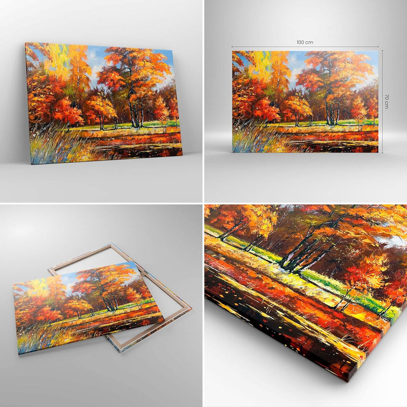 Bilder auf Leinwand 100x70cm Leinwandbild mit Rahmen Park Herbst Wasser Gross Wanddeko Bild Schlafzi