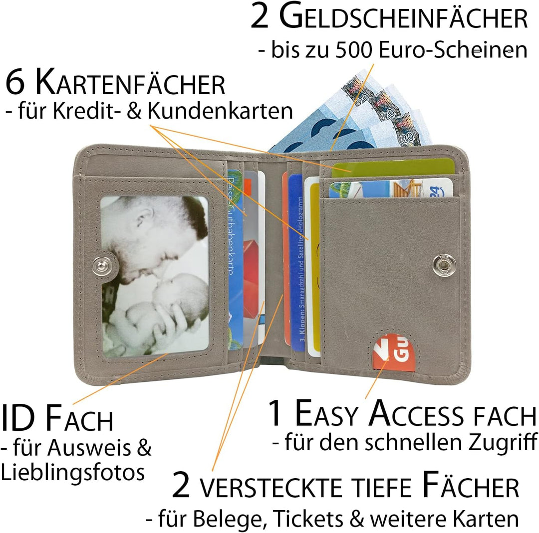 Geldbörse Damen klein viele Fächer, Reise Portemonnaie, Leder grau, RFID Blocker, Münzfach | Wiener