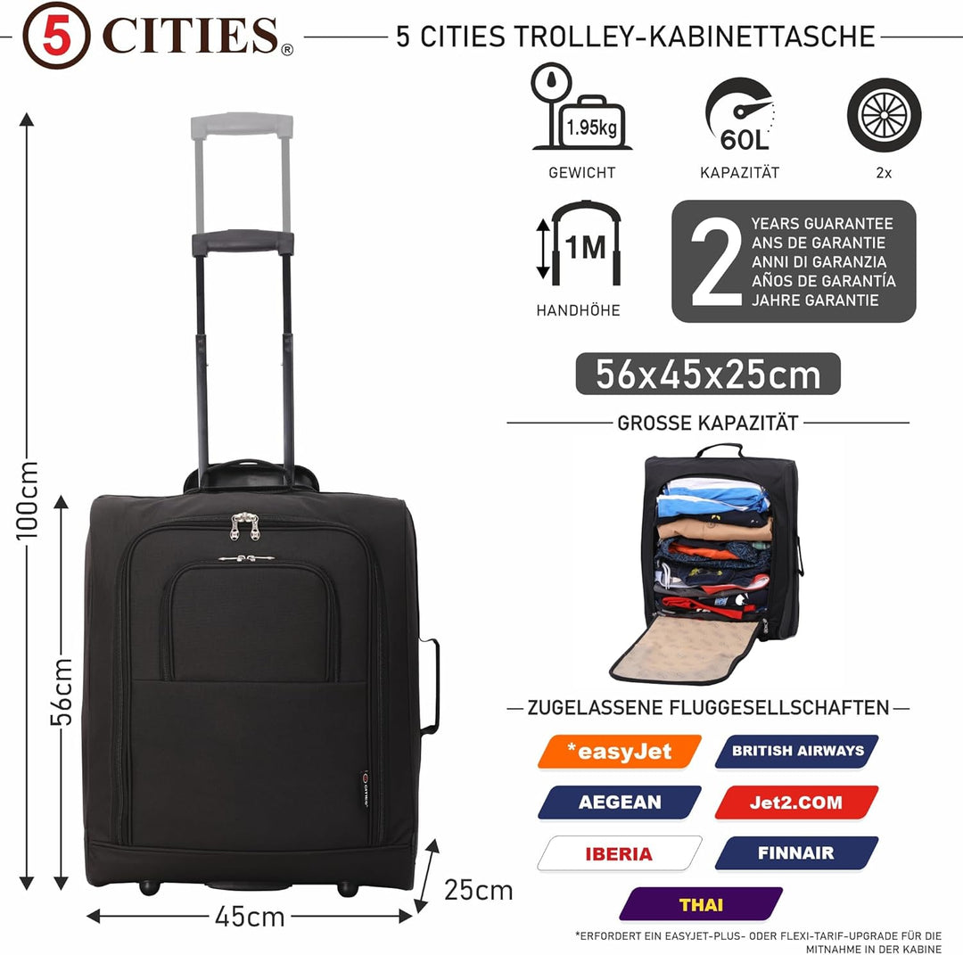 5 Cities 56x45x25 Trolley Rollkoffer Easyjet/British Airways/Jet2 Maximale Grösse der Kabinenreiseta