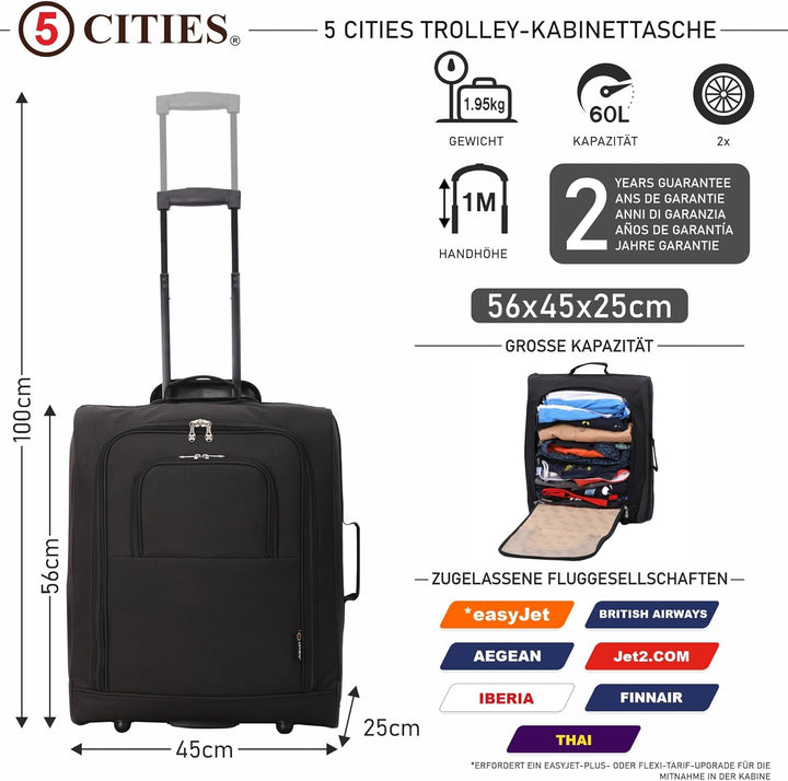 5 Cities 56x45x25 Trolley Rollkoffer Easyjet/British Airways/Jet2 Maximale Grösse der Kabinenreiseta