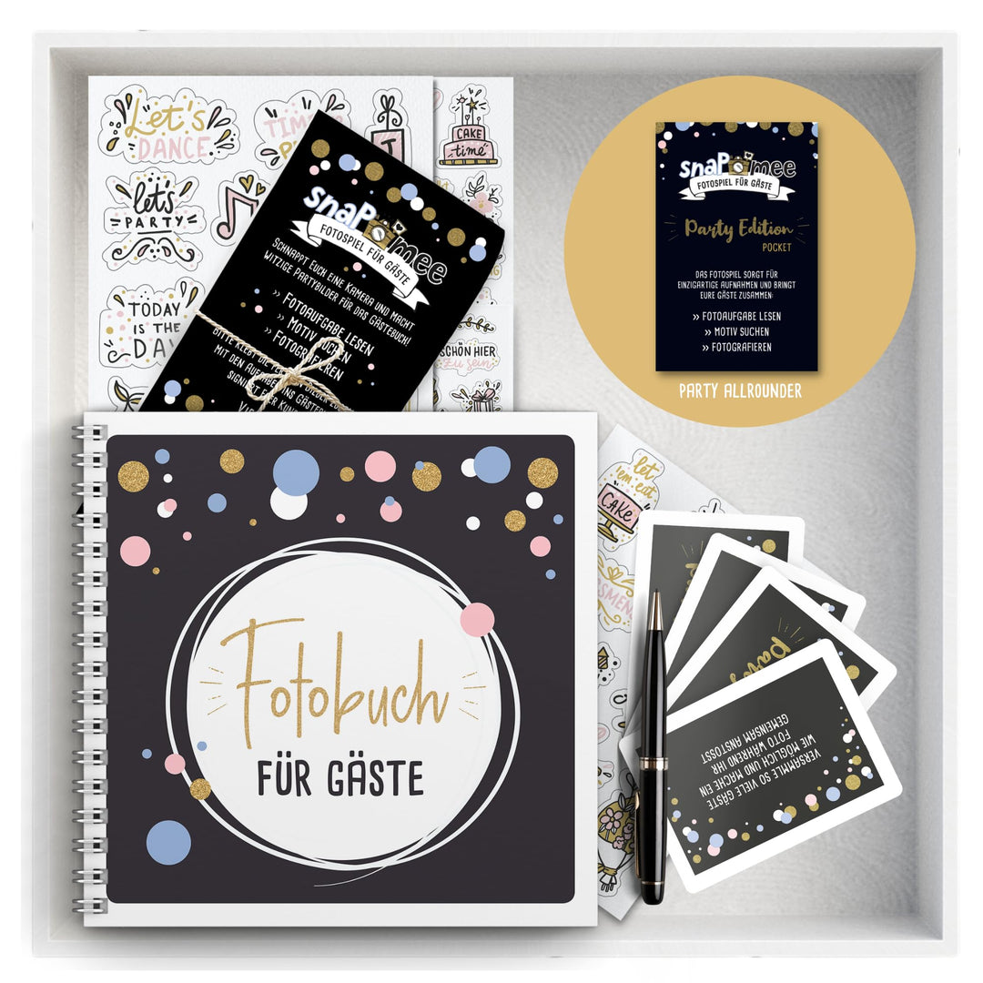 Fotospiel Set Party by snaPmee - Fotoaufgaben, Hardcover-Gästebuch (21x21cm), Stift, Sticker, Aufste