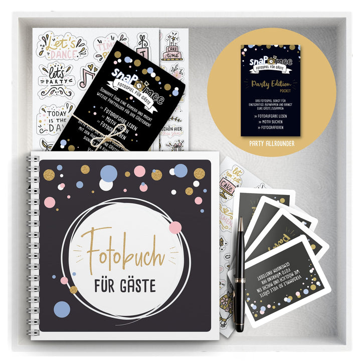 Fotospiel Set Party by snaPmee - Fotoaufgaben, Hardcover-Gästebuch (21x21cm), Stift, Sticker, Aufste