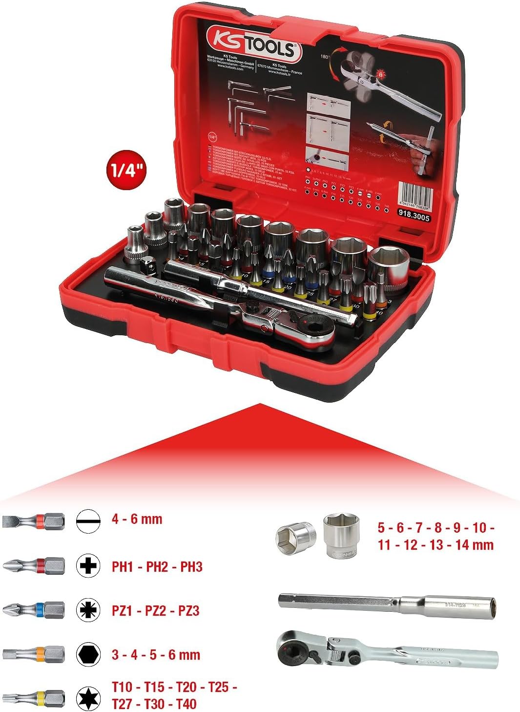 KS Tools 918.3005 1/4" TORSIONpower Bit-Stecknuss-Box, 33-tlg.