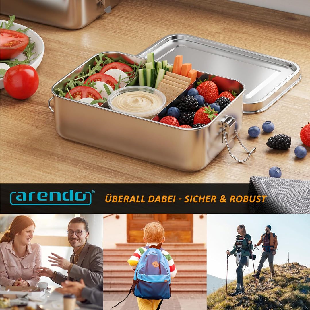 Arendo - Lunchbox Edelstahl – Brotdose 1400 ml – mit Fächern – zwei entnehmbare Trennwände - auslauf