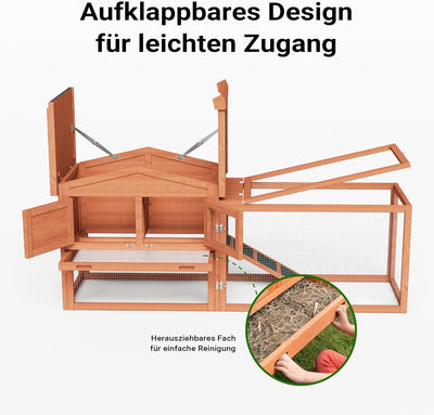 Wiltec XXL Hasenstall 1560 x 520 x 680 mm mit Freilaufgehege und erhöhtem Unterschlupf aus Fichtenho