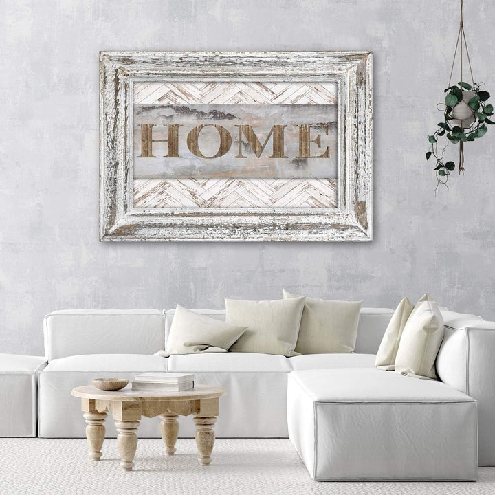 Feeby Bild auf Leinwand Inschrift Haus 90x60 cm Kunstdruck modern Herz auf Zeichenfolge Retro Beige