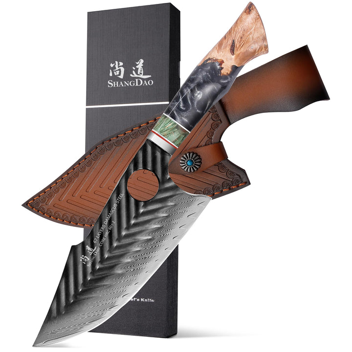 SHANGDAO Damaskus Fleischermesser Wikinger-Beil Ausbeinmesser Japanmesser mit Lederscheide, 17 cm, 6