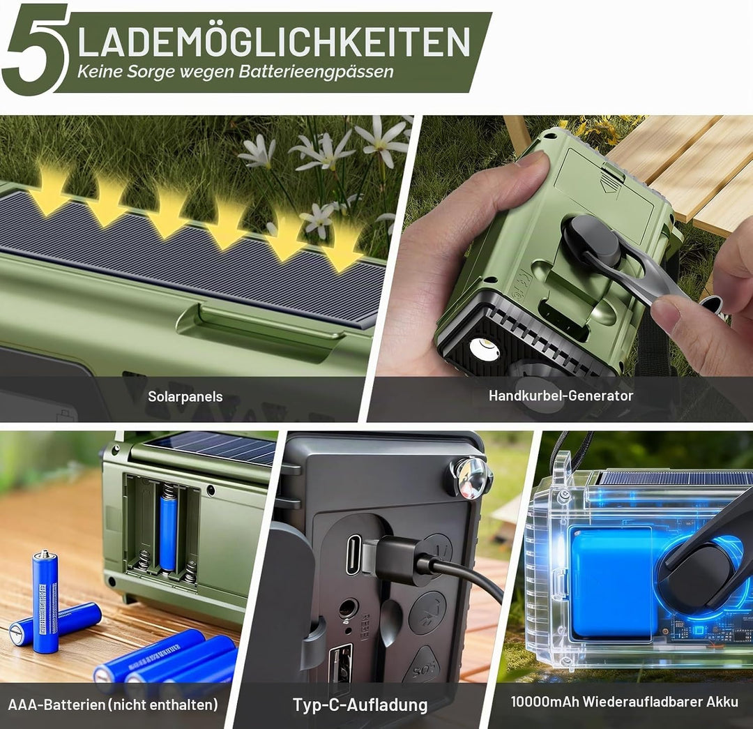 Solar Kurbelradio mit Bluetooth, AM/FM/SW Notfallradio mit 10000mAh USB Powerbank, Radio Batteriebet
