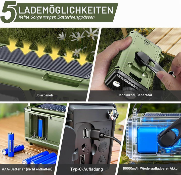 Solar Kurbelradio mit Bluetooth, AM/FM/SW Notfallradio mit 10000mAh USB Powerbank, Radio Batteriebet