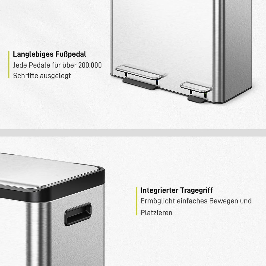 EKO Ecocasa Mülleimer Küche, 30 + 15 Liter, Tretmülleimer Mülleimer 2 Fächer, sanftem Schliessen und