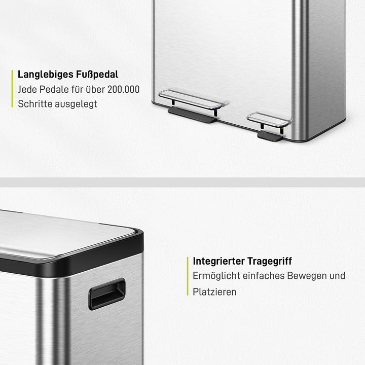 EKO Ecocasa Mülleimer Küche, 30 + 15 Liter, Tretmülleimer Mülleimer 2 Fächer, sanftem Schliessen und